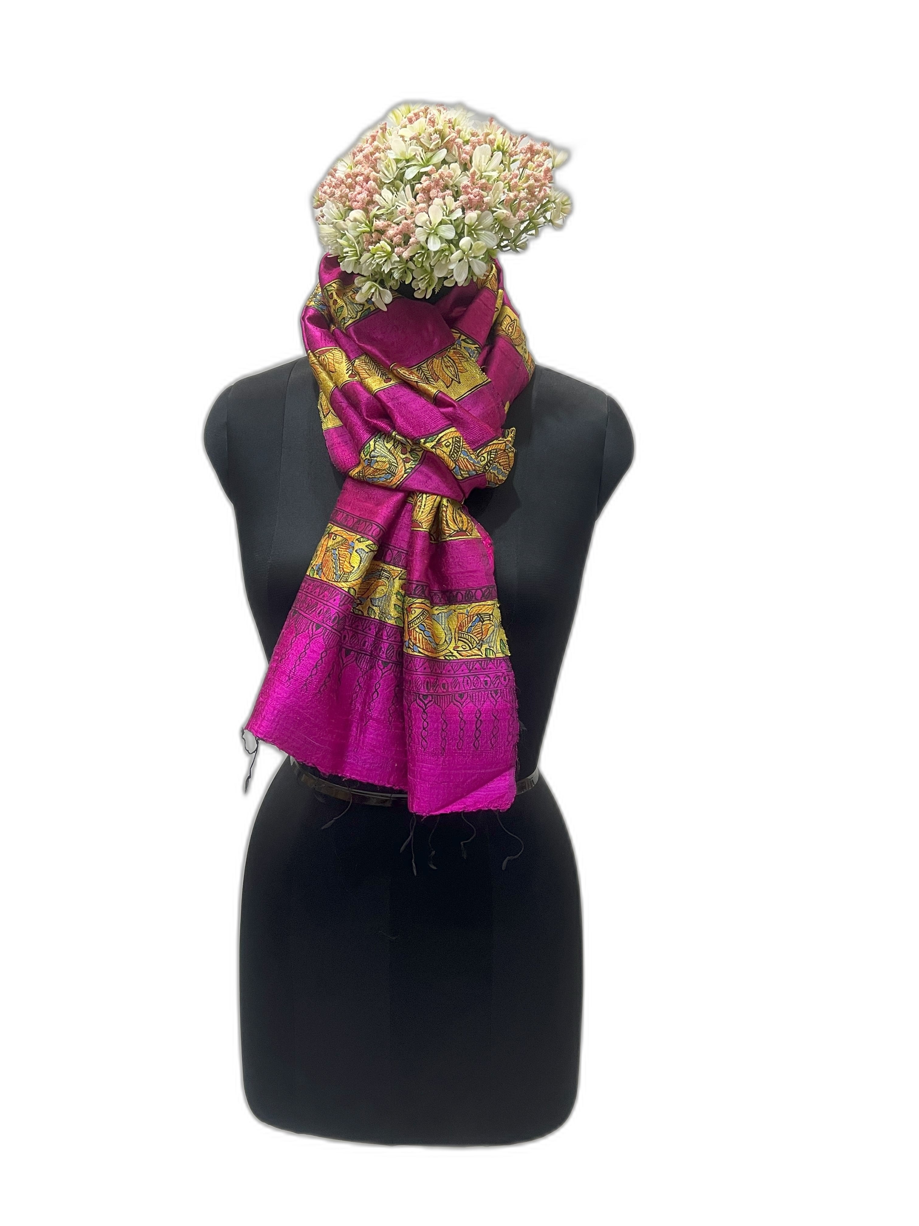 Madhubani stole with fish and lotus motif on hot pink